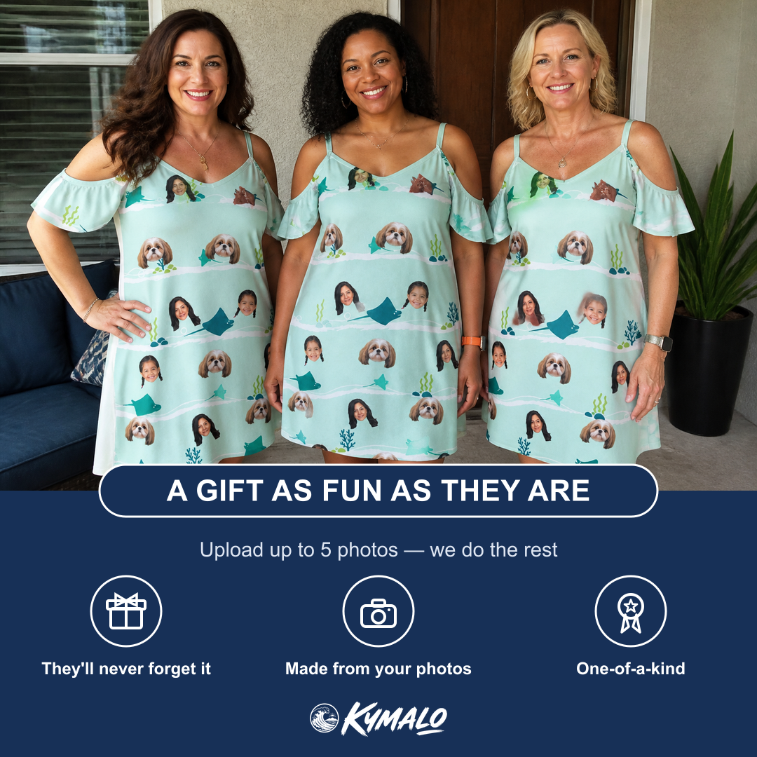 Friends in matching Women's Manta Motion Custom Face Off-Shoulder Dress — a group gift photo