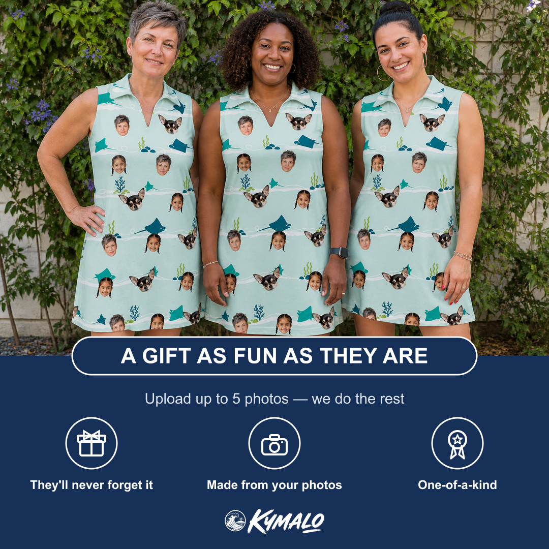 Friends in matching Women's Manta Motion Custom Face V-Neck Dress — a group gift photo