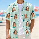 Man wearing Men's Manta Motion Custom Face Hawaiian Shirt open over a white tee