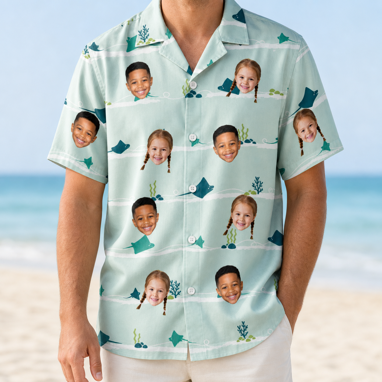 Model wearing Men's Manta Motion Custom Face Hawaiian Shirt printed with kids' faces