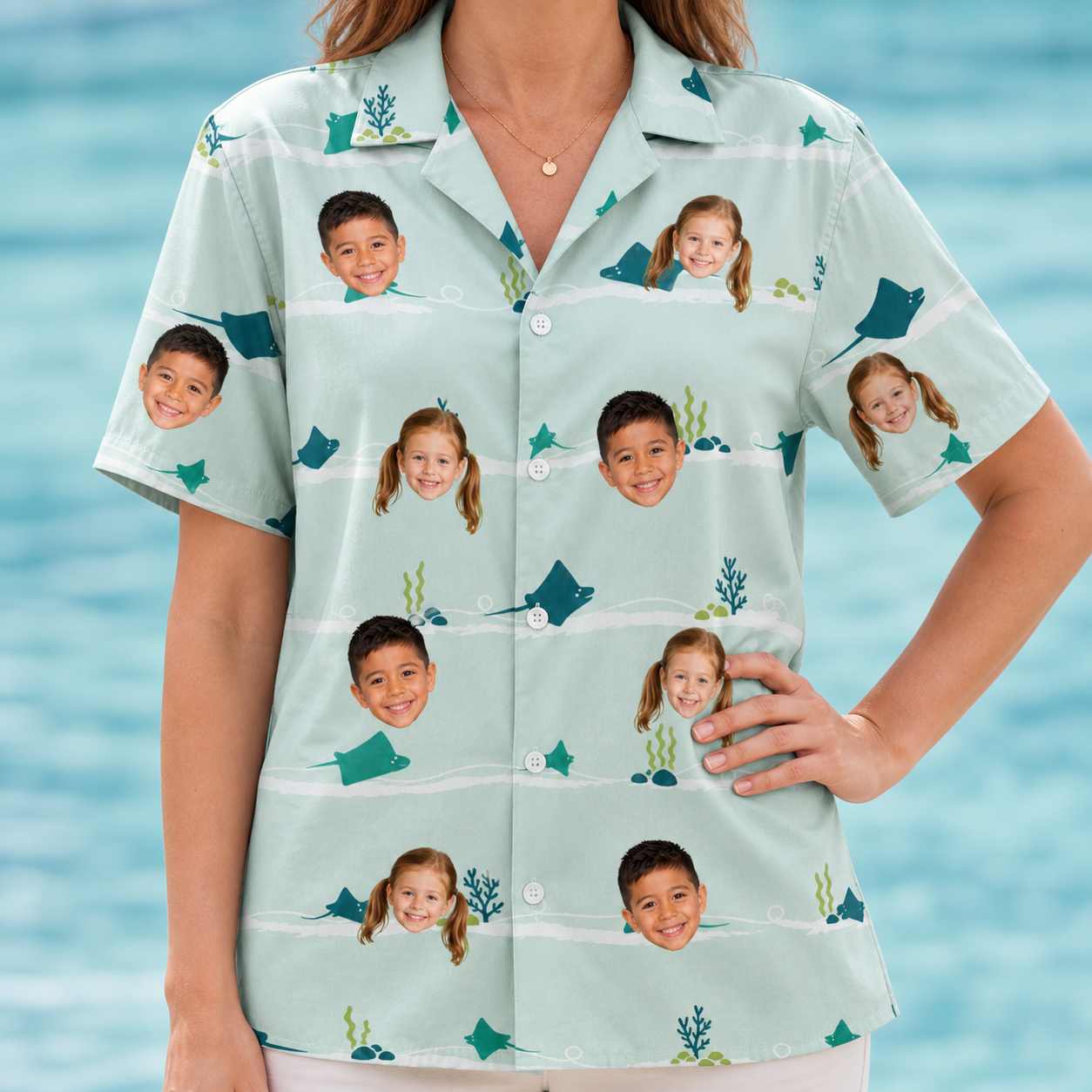 Model wearing Women's Manta Motion Custom Face Hawaiian Shirt printed with kids' faces
