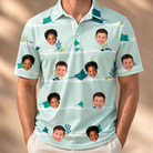 Model wearing Men's Manta Motion Custom Face Polo Shirt printed with kids' faces
