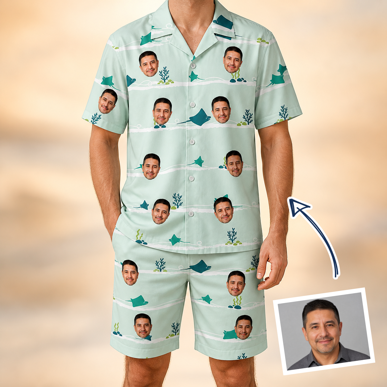 Man wearing Men's Manta Motion Custom Face Shirt & Shorts Set — custom faces printed all-over