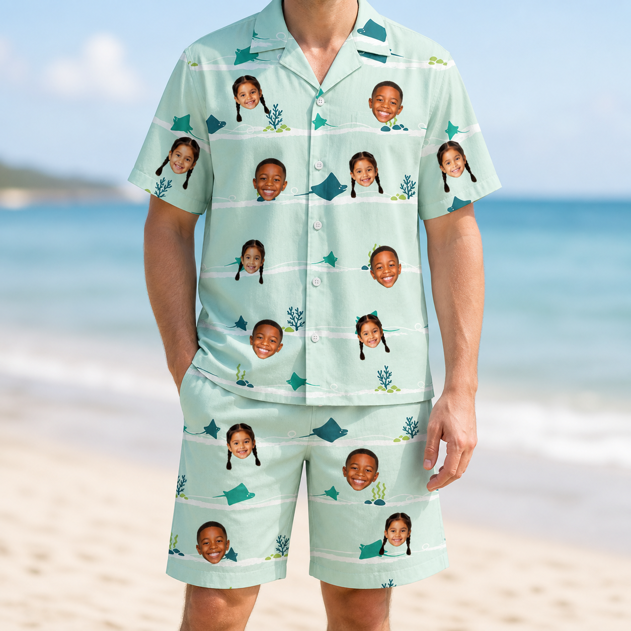 Model wearing Men's Manta Motion Custom Face Shirt & Shorts Set printed with kids' faces