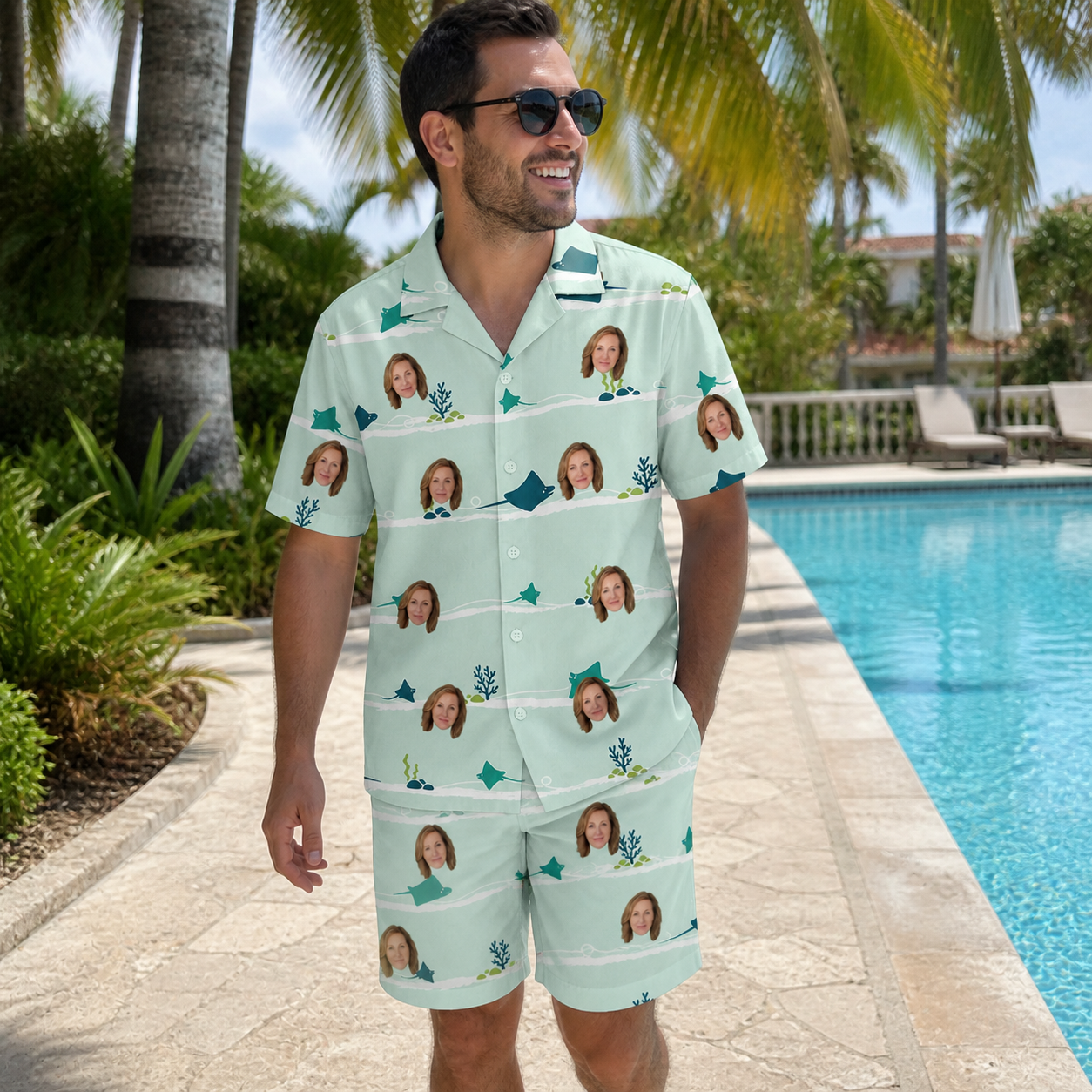 Real-life photo of someone wearing Men's Manta Motion Custom Face Shirt & Shorts Set — custom faces printed all-over