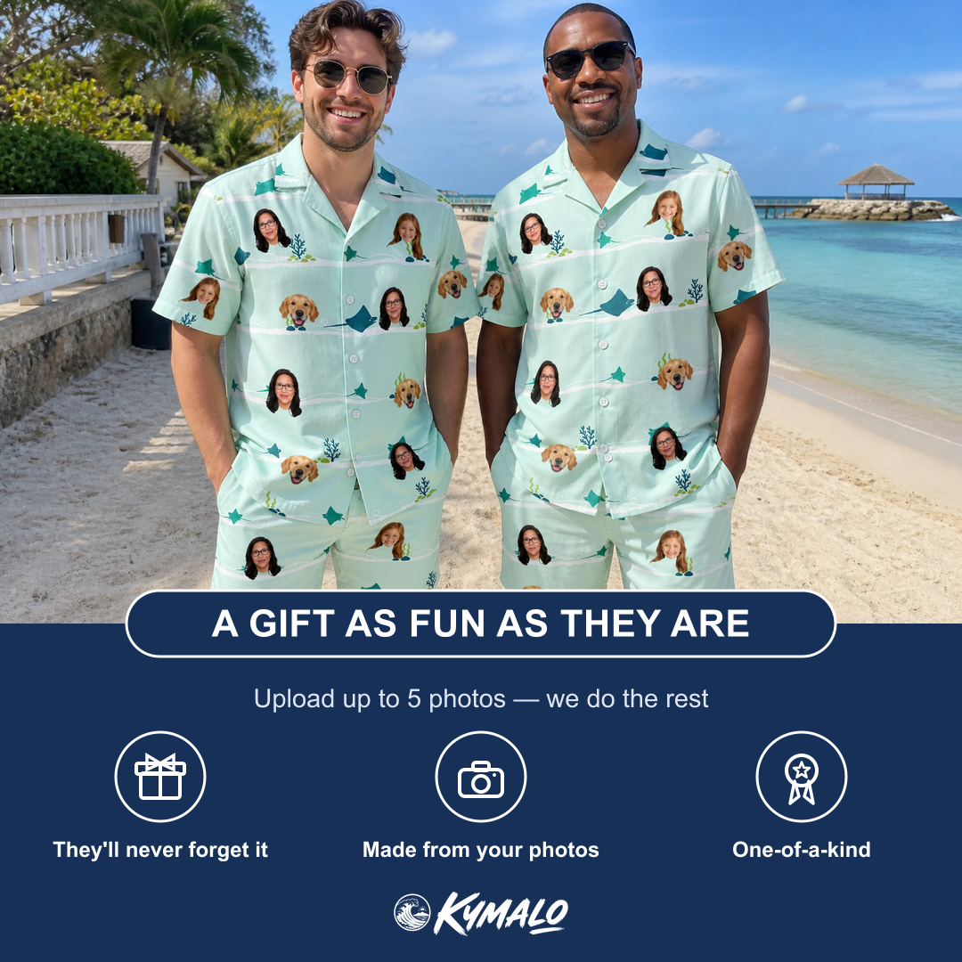 Friends in matching Men's Manta Motion Custom Face Shirt & Shorts Set — a group gift photo