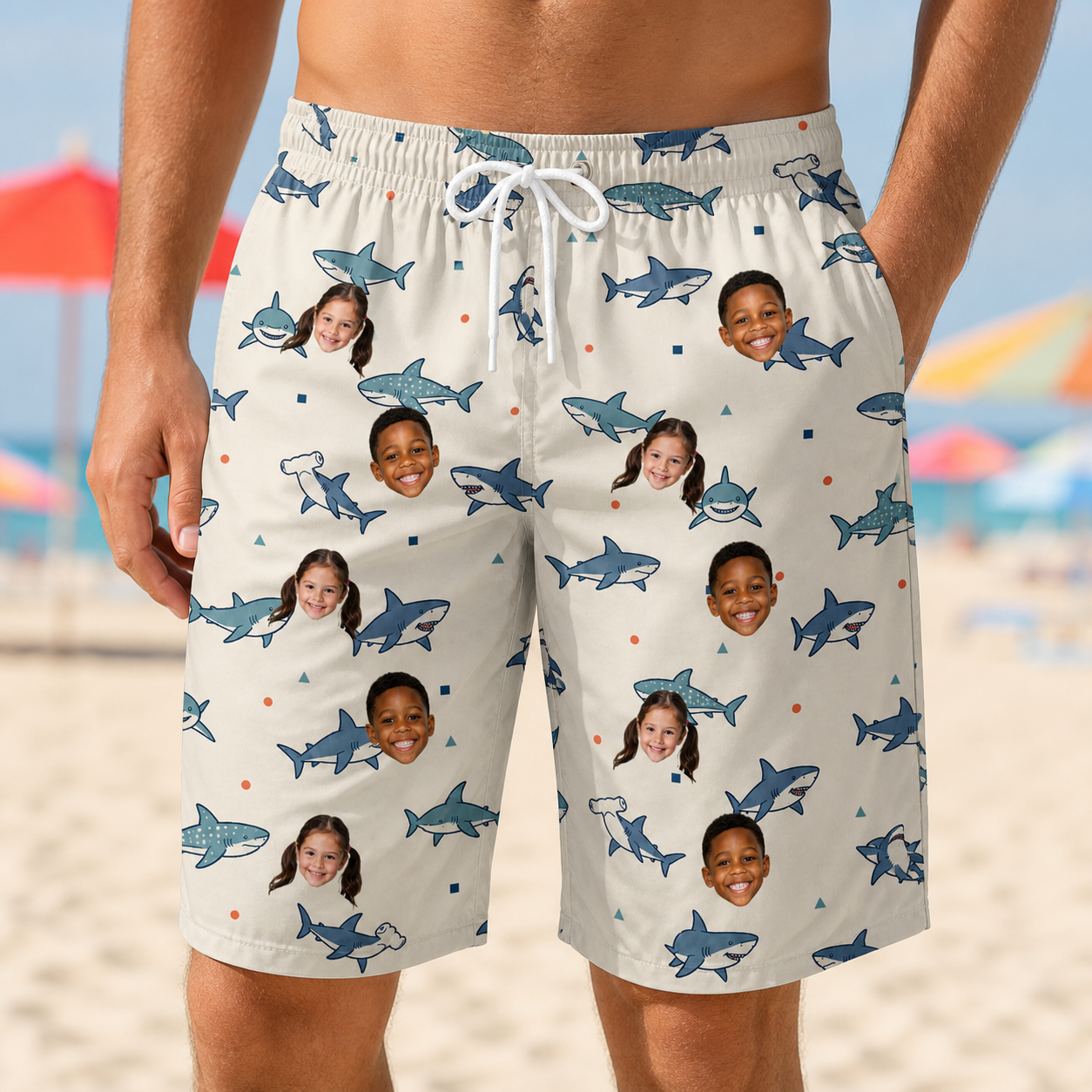 Model wearing Men's Pocket Sharks Custom Face Beach Shorts printed with kids' faces