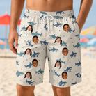 Model wearing Men's Pocket Sharks Custom Face Beach Shorts printed with kids' faces