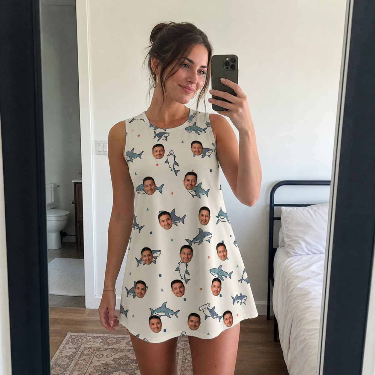 Real-life photo of someone wearing Women's Pocket Sharks Custom Face Tank Dress — custom faces printed all-over