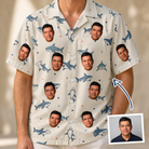 Man wearing Men's Pocket Sharks Custom Face Hawaiian Shirt — custom faces printed all-over