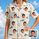 Woman wearing Women's Pocket Sharks Custom Face Hawaiian Shirt — custom faces printed all-over
