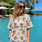 Real-life photo of someone wearing Women's Pocket Sharks Custom Face Hawaiian Shirt — custom faces printed all-over