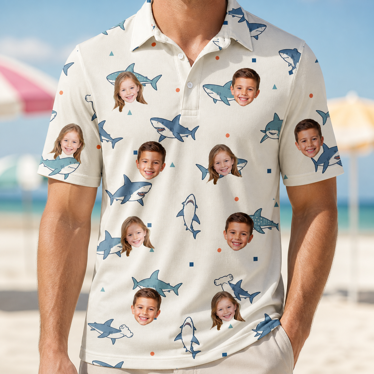 Model wearing Men's Pocket Sharks Custom Face Polo Shirt printed with kids' faces