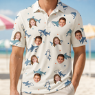 Model wearing Men's Pocket Sharks Custom Face Polo Shirt printed with kids' faces