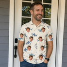Real-life photo of someone wearing Men's Pocket Sharks Custom Face Polo Shirt — custom faces printed all-over