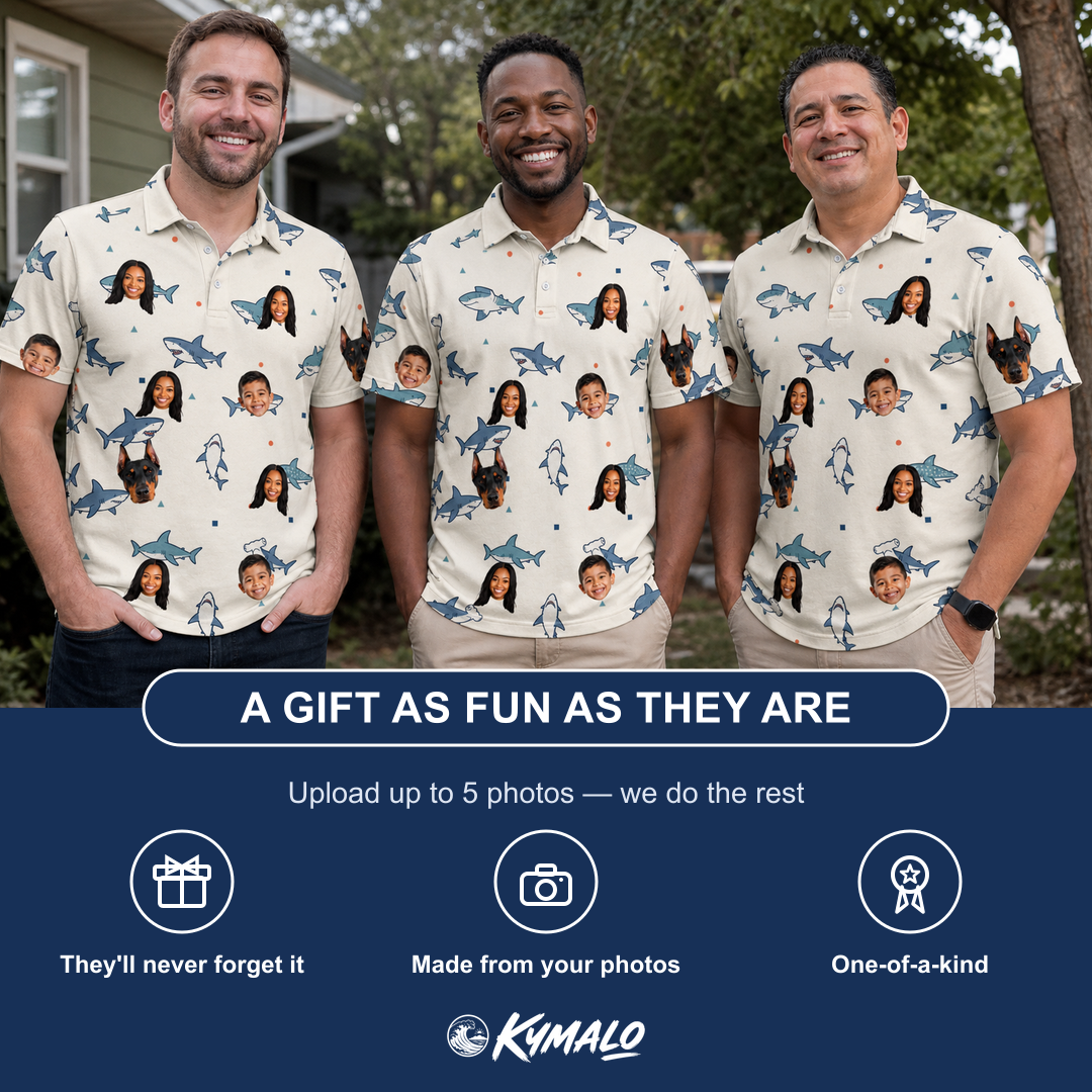 Friends in matching Men's Pocket Sharks Custom Face Polo Shirt — a group gift photo