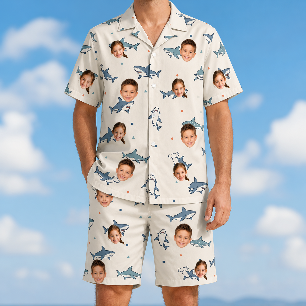 Model wearing Men's Pocket Sharks Custom Face Shirt & Shorts Set printed with kids' faces