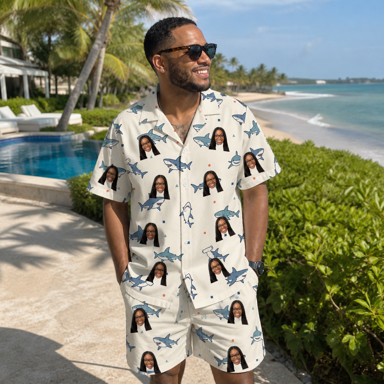 Real-life photo of someone wearing Men's Pocket Sharks Custom Face Shirt & Shorts Set — custom faces printed all-over