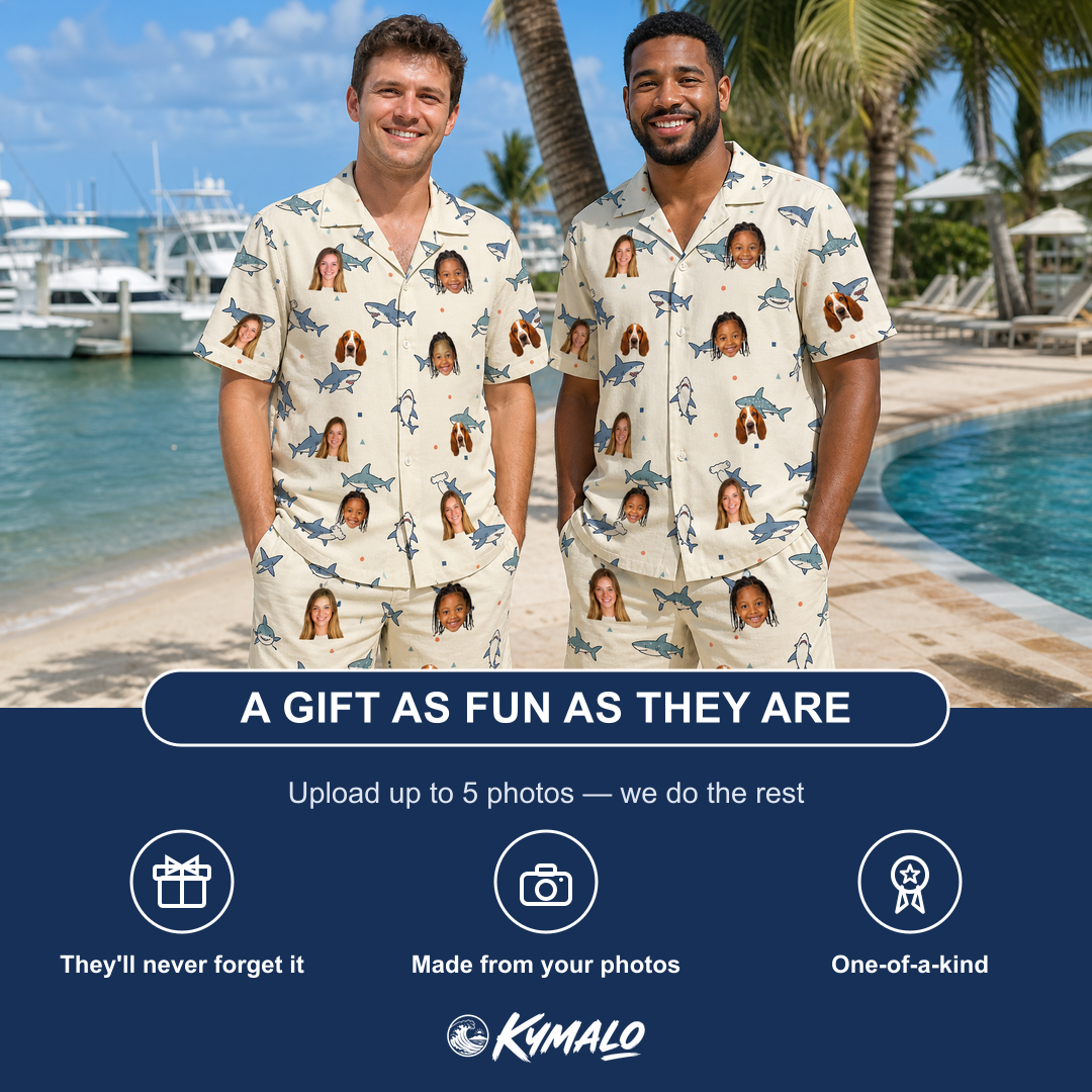 Friends in matching Men's Pocket Sharks Custom Face Shirt & Shorts Set — a group gift photo