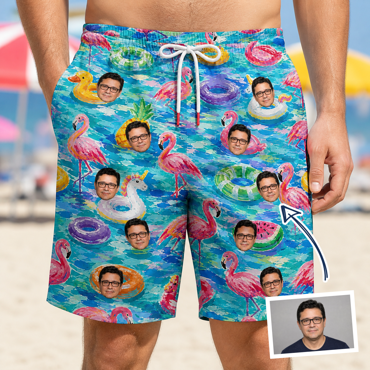 Man wearing Men's Pastel Pontoons Custom Face Beach Shorts — custom faces printed all-over