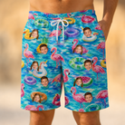 Model wearing Men's Pastel Pontoons Custom Face Beach Shorts printed with kids' faces