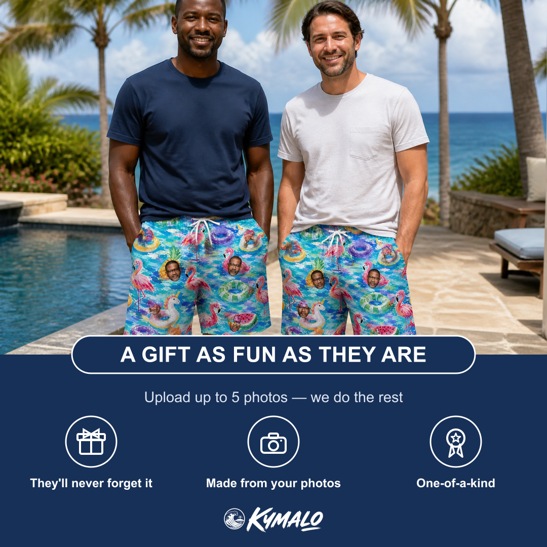 Friends in matching Men's Pastel Pontoons Custom Face Beach Shorts — a group gift photo