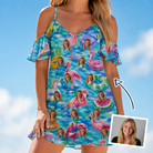 Woman wearing Women's Pastel Pontoons Custom Face Off-Shoulder Dress — custom faces printed all-over