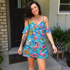 Real-life photo of someone wearing Women's Pastel Pontoons Custom Face Off-Shoulder Dress — custom faces printed all-over
