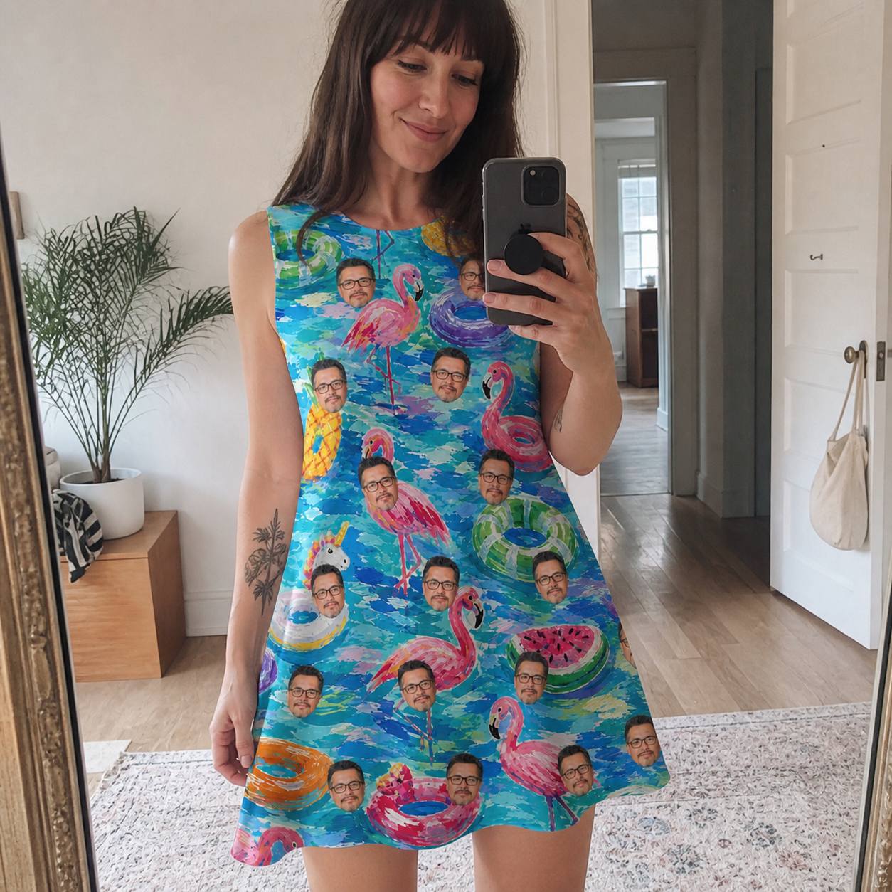 Real-life photo of someone wearing Women's Pastel Pontoons Custom Face Tank Dress — custom faces printed all-over