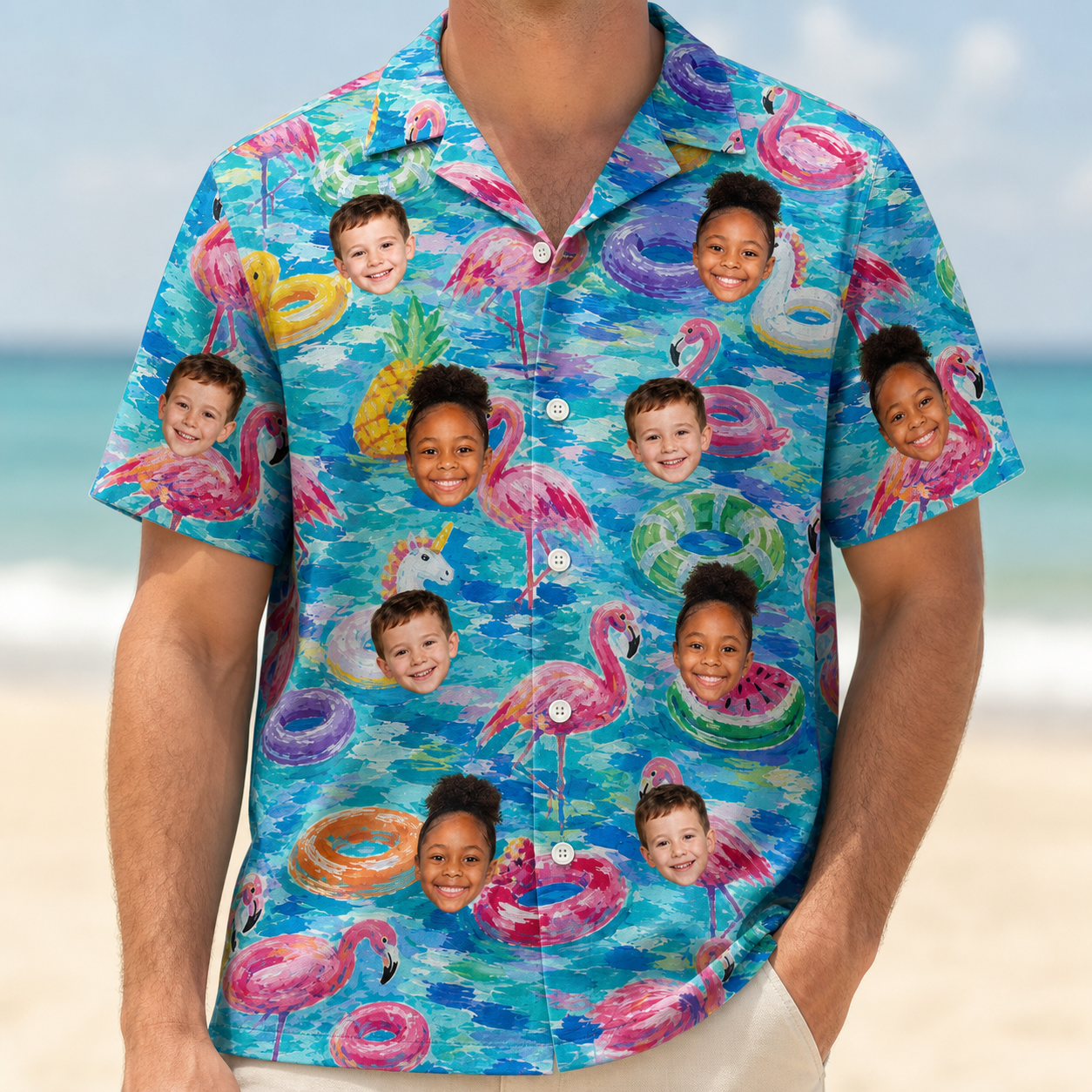 Model wearing Men's Pastel Pontoons Custom Face Hawaiian Shirt printed with kids' faces