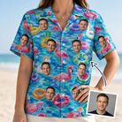 Woman wearing Women's Pastel Pontoons Custom Face Hawaiian Shirt — custom faces printed all-over