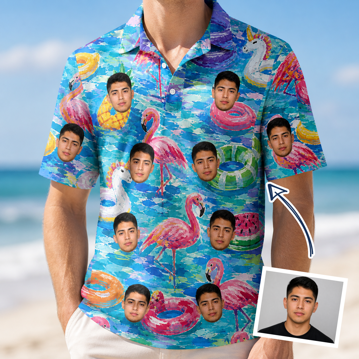 Man wearing Men's Pastel Pontoons Custom Face Polo Shirt — custom faces printed all-over