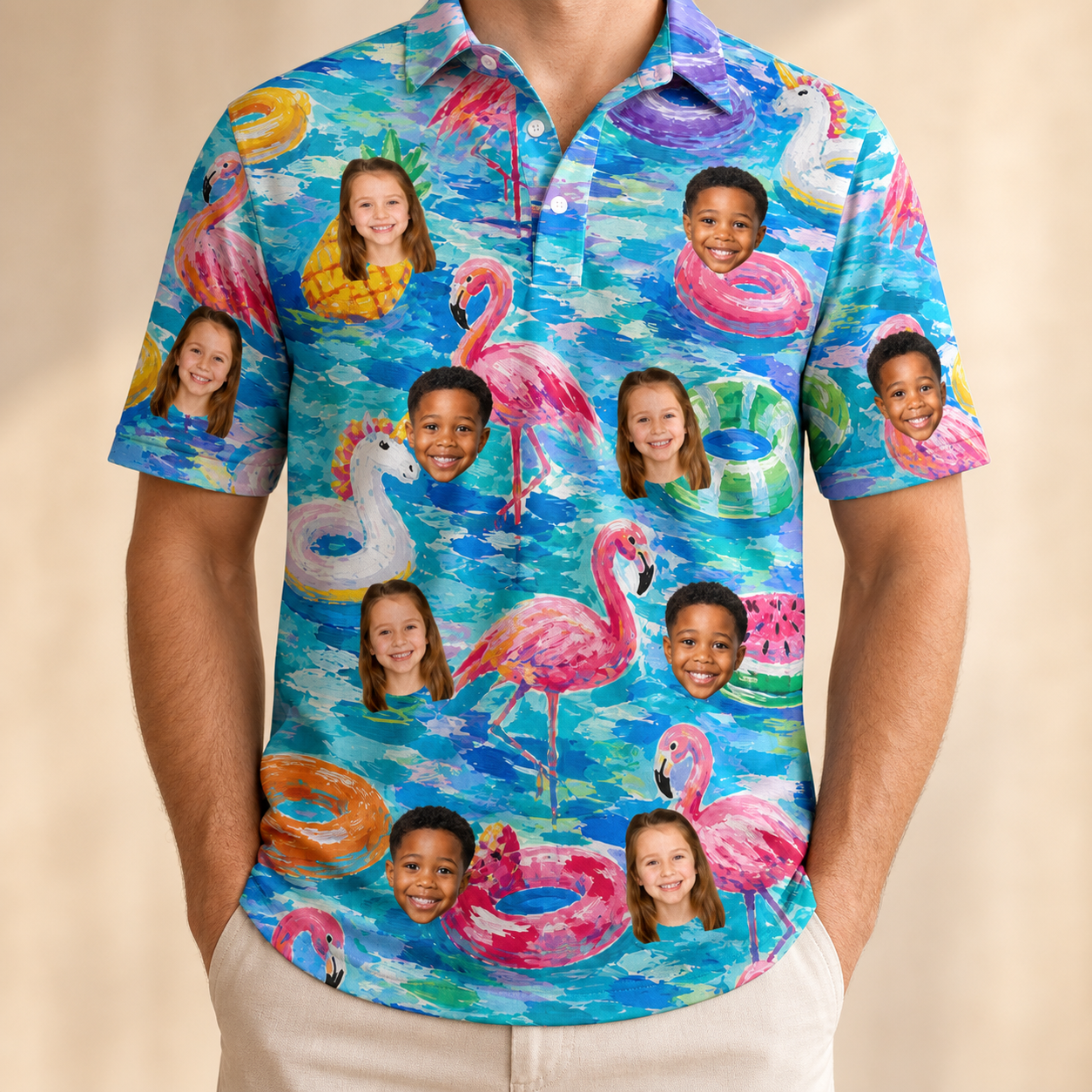 Model wearing Men's Pastel Pontoons Custom Face Polo Shirt printed with kids' faces