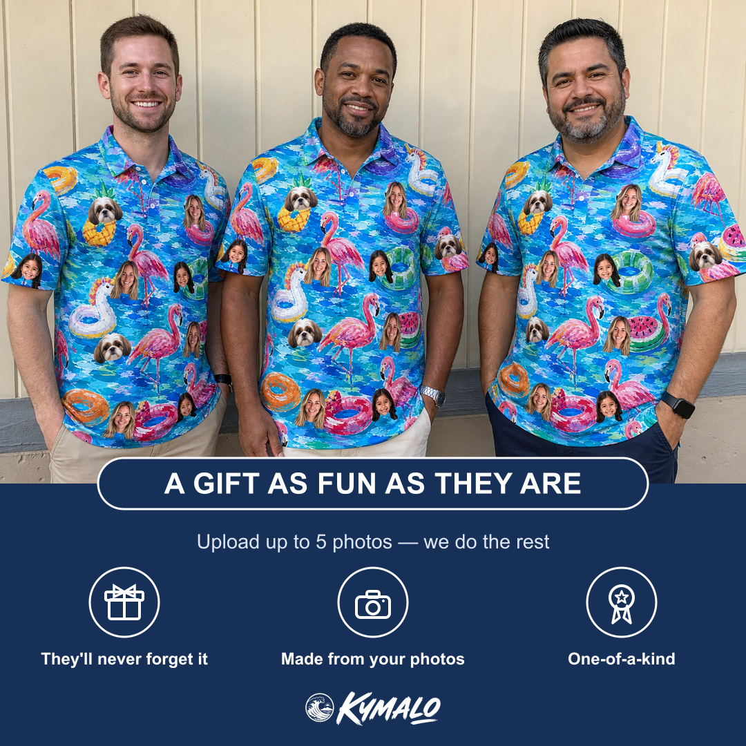 Friends in matching Men's Pastel Pontoons Custom Face Polo Shirt — a group gift photo