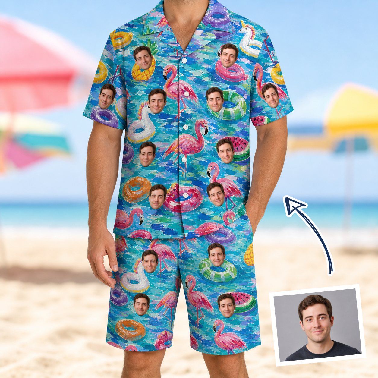 Man wearing Men's Pastel Pontoons Custom Face Shirt & Shorts Set — custom faces printed all-over