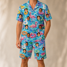 Model wearing Men's Pastel Pontoons Custom Face Shirt & Shorts Set printed with kids' faces
