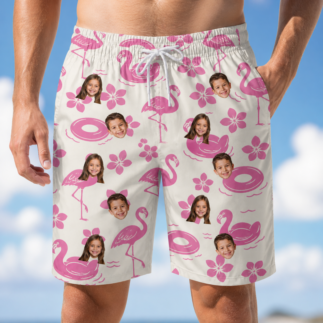 Model wearing Men's Buoyant Botanica Custom Face Beach Shorts printed with kids' faces