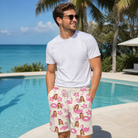 Real-life photo of someone wearing Men's Buoyant Botanica Custom Face Beach Shorts — custom faces printed all-over