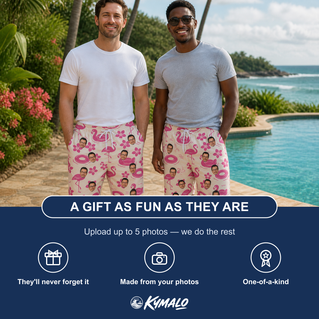 Friends in matching Men's Buoyant Botanica Custom Face Beach Shorts — a group gift photo