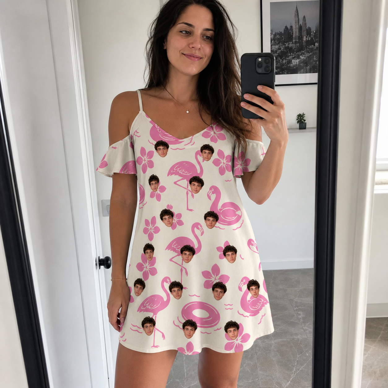 Real-life photo of someone wearing Women's Buoyant Botanica Custom Face Off-Shoulder Dress — custom faces printed all-over