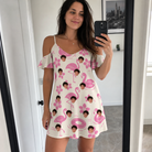 Real-life photo of someone wearing Women's Buoyant Botanica Custom Face Off-Shoulder Dress — custom faces printed all-over