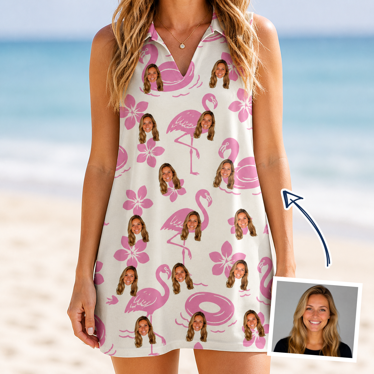 Woman wearing Women's Buoyant Botanica Custom Face V-Neck Dress — custom faces printed all-over