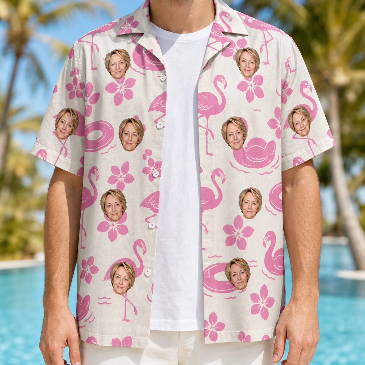 Man wearing Men's Buoyant Botanica Custom Face Hawaiian Shirt open over a white tee
