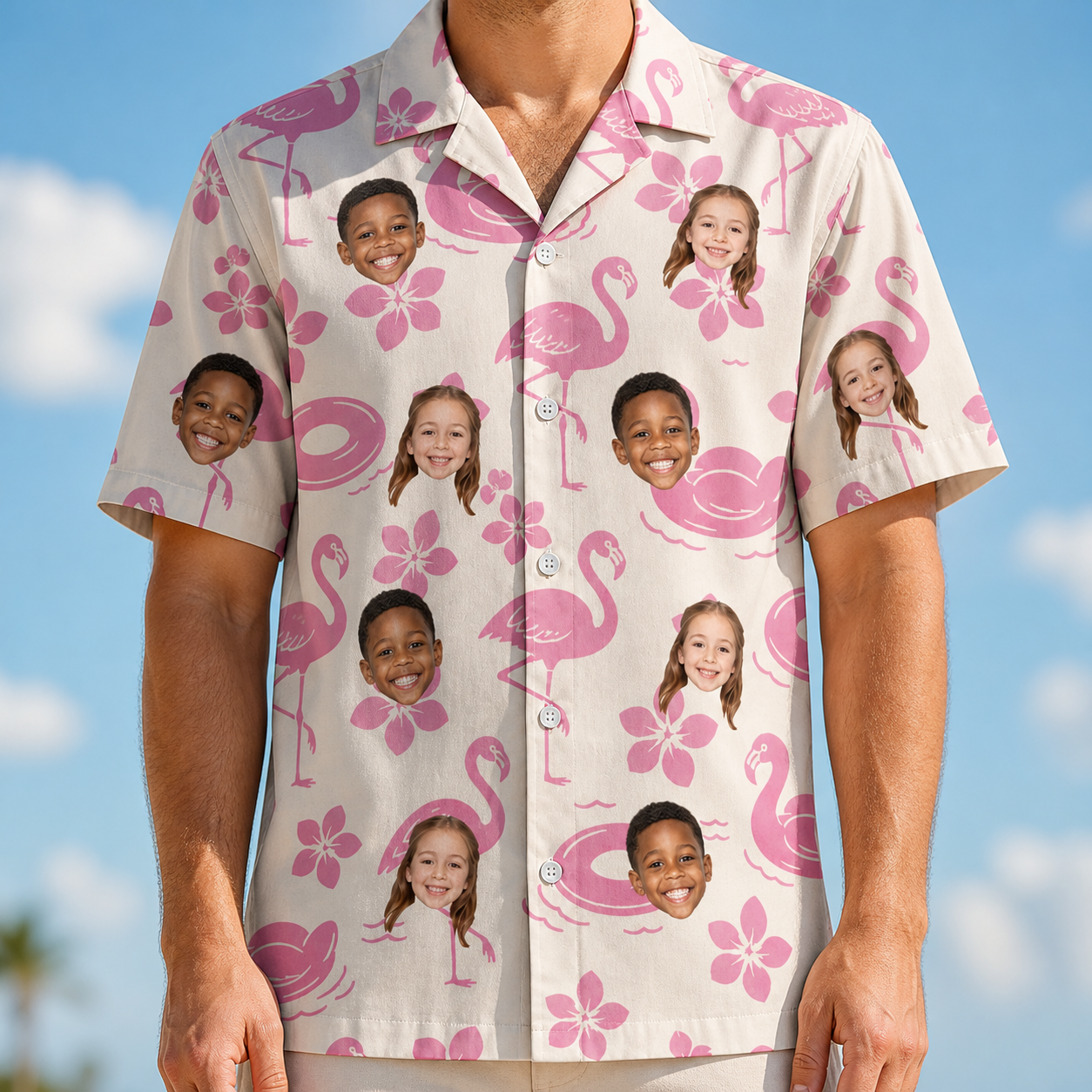 Model wearing Men's Buoyant Botanica Custom Face Hawaiian Shirt printed with kids' faces