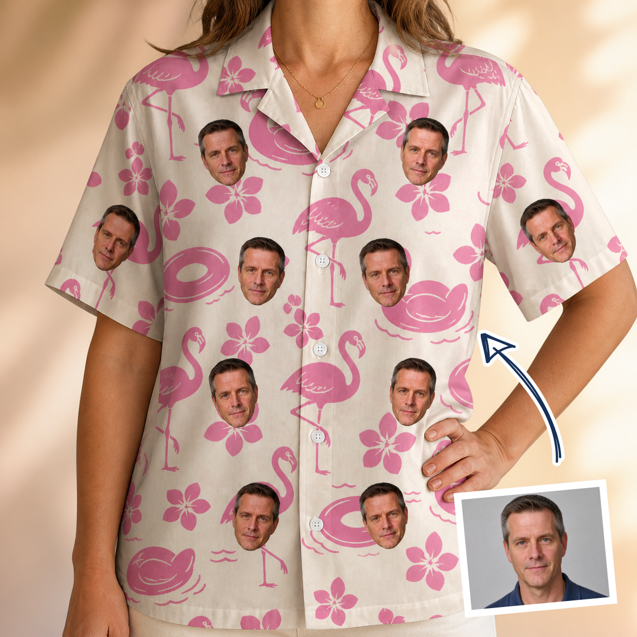 Woman wearing Women's Buoyant Botanica Custom Face Hawaiian Shirt — custom faces printed all-over