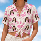Woman wearing Women's Buoyant Botanica Custom Face Hawaiian Shirt tied at the waist