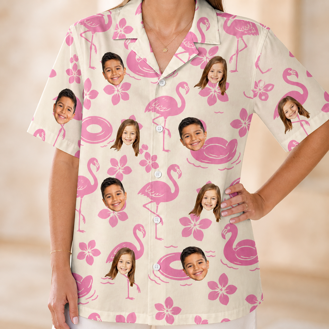 Model wearing Women's Buoyant Botanica Custom Face Hawaiian Shirt printed with kids' faces