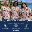 Friends in matching Women's Buoyant Botanica Custom Face Hawaiian Shirt — a group gift photo