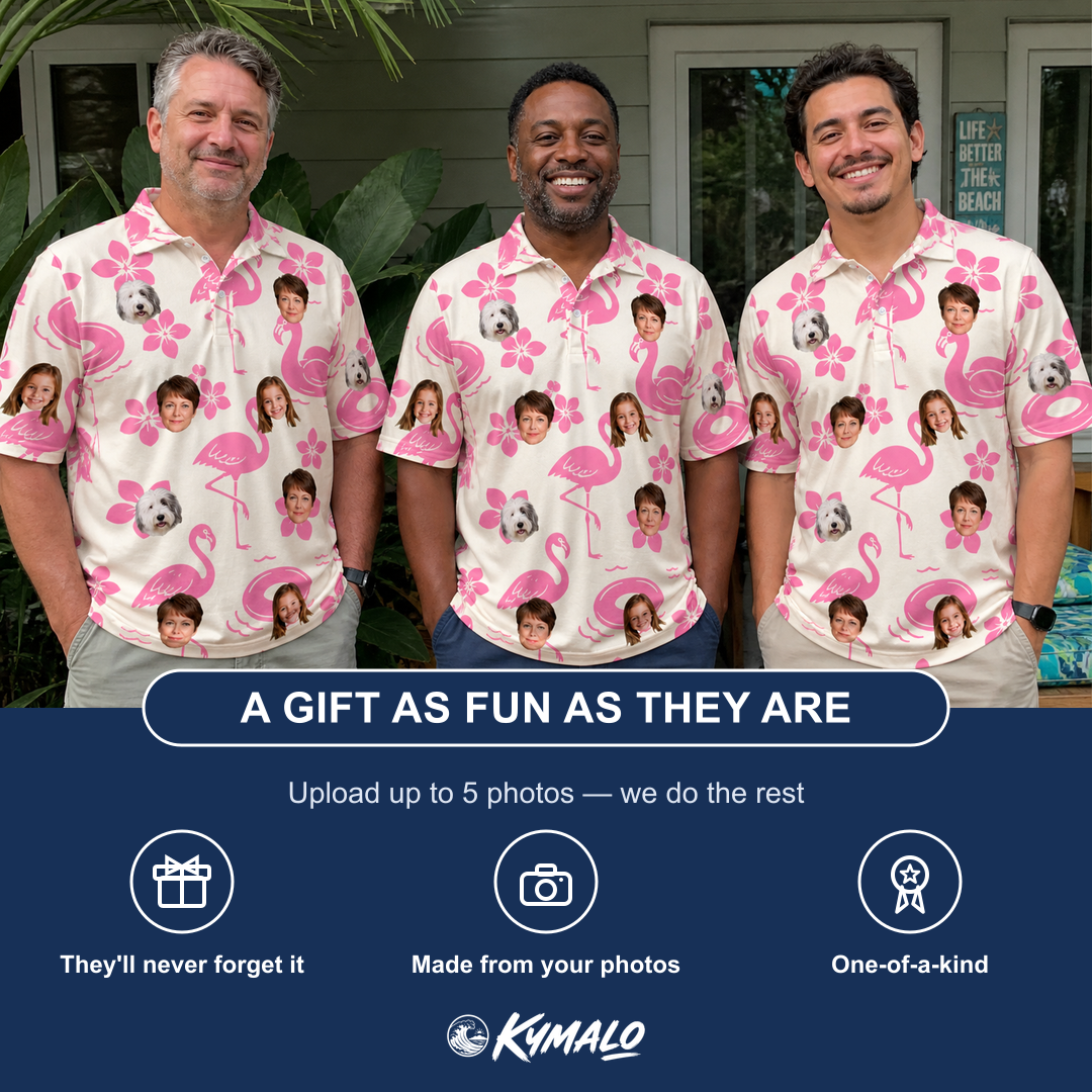 Friends in matching Men's Buoyant Botanica Custom Face Polo Shirt — a group gift photo