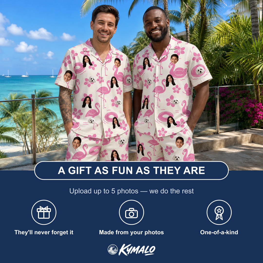 Friends in matching Men's Buoyant Botanica Custom Face Shirt & Shorts Set — a group gift photo